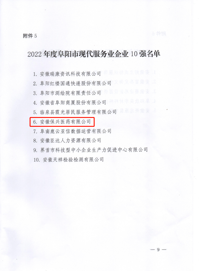 安徽保兴医药有限公司荣获“2022年度阜阳市现代服务业企业10强”